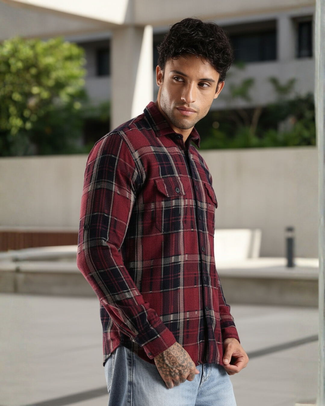 Men Red Turquoise Textured Checks Slim Fit Double Pocket Full Sleeve Shirt