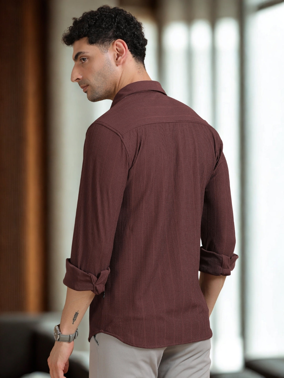 Men Maroon Full Sleeve Cotton Knitted Casual Shirt