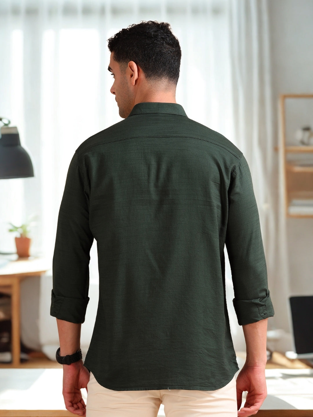 Men Dark Green Slim Fit Solid Full Sleeve Casual Shirt