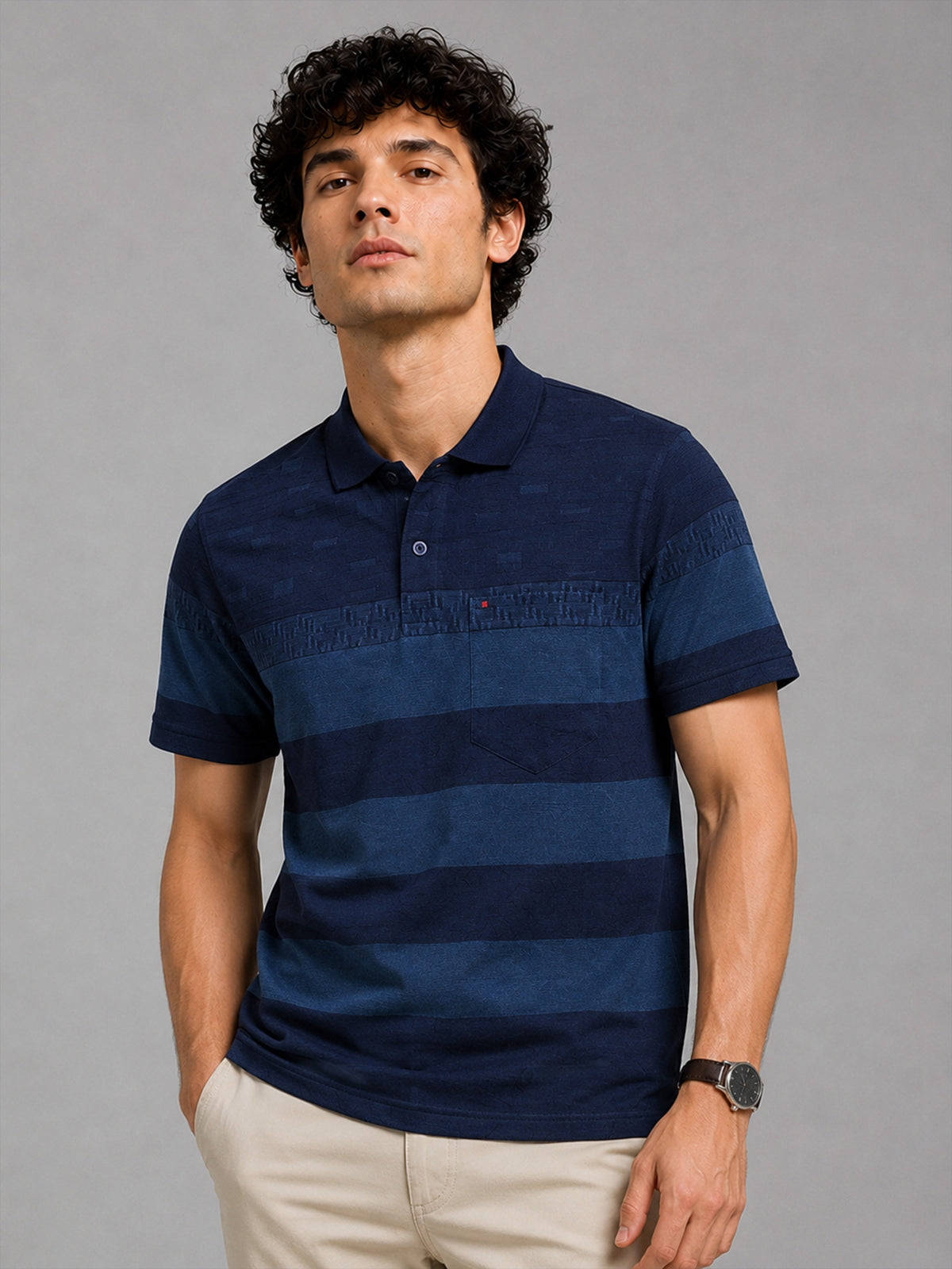 Men Indigo Slim Fit Striped Jacquard Polo Collar Casual T-Shirt