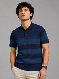 Men Indigo Slim Fit Striped Jacquard Polo Collar Casual T-Shirt with Chest Pocket