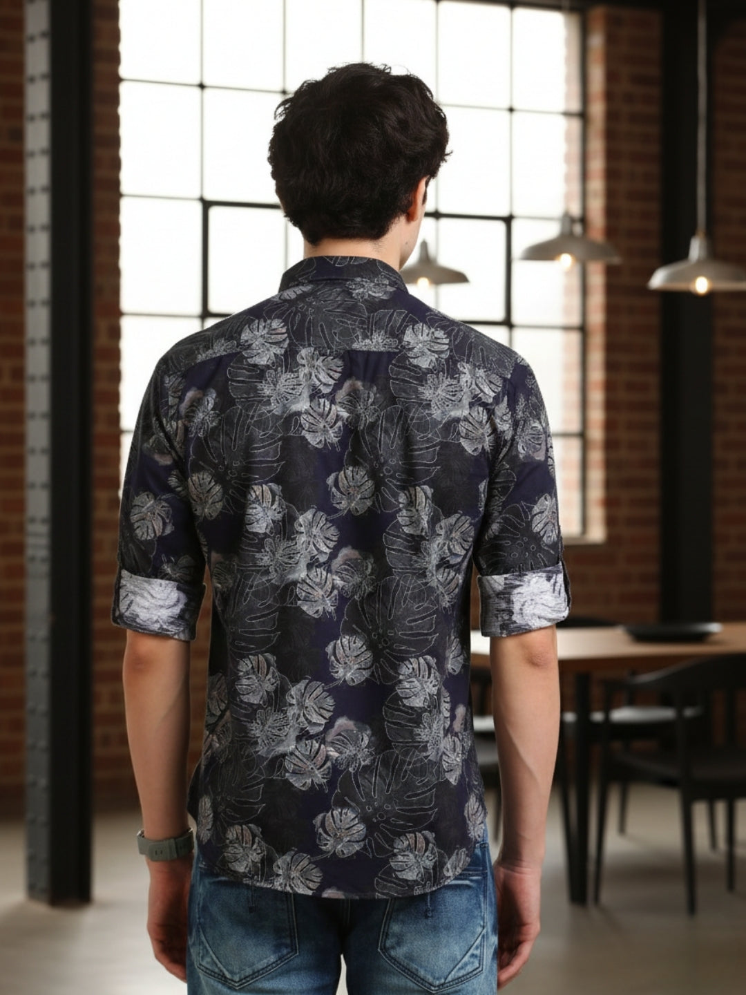 Men Navy Slim Fit Printed Full Sleeve Casual Shirt