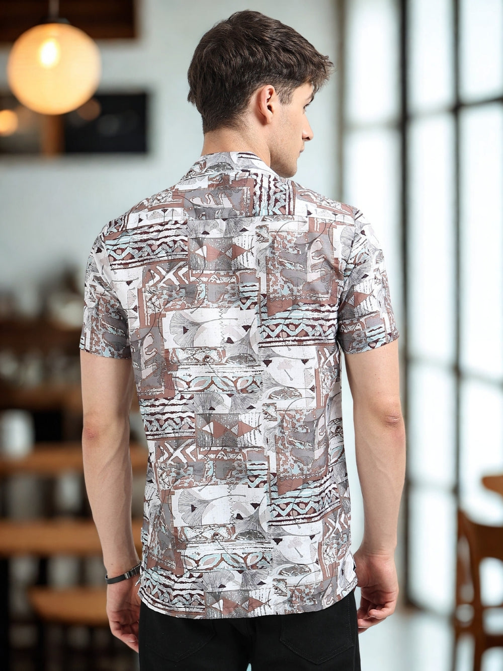 Brown Abstract Floral Print Slim Fit Half Sleeve Cuban Collar Shirt