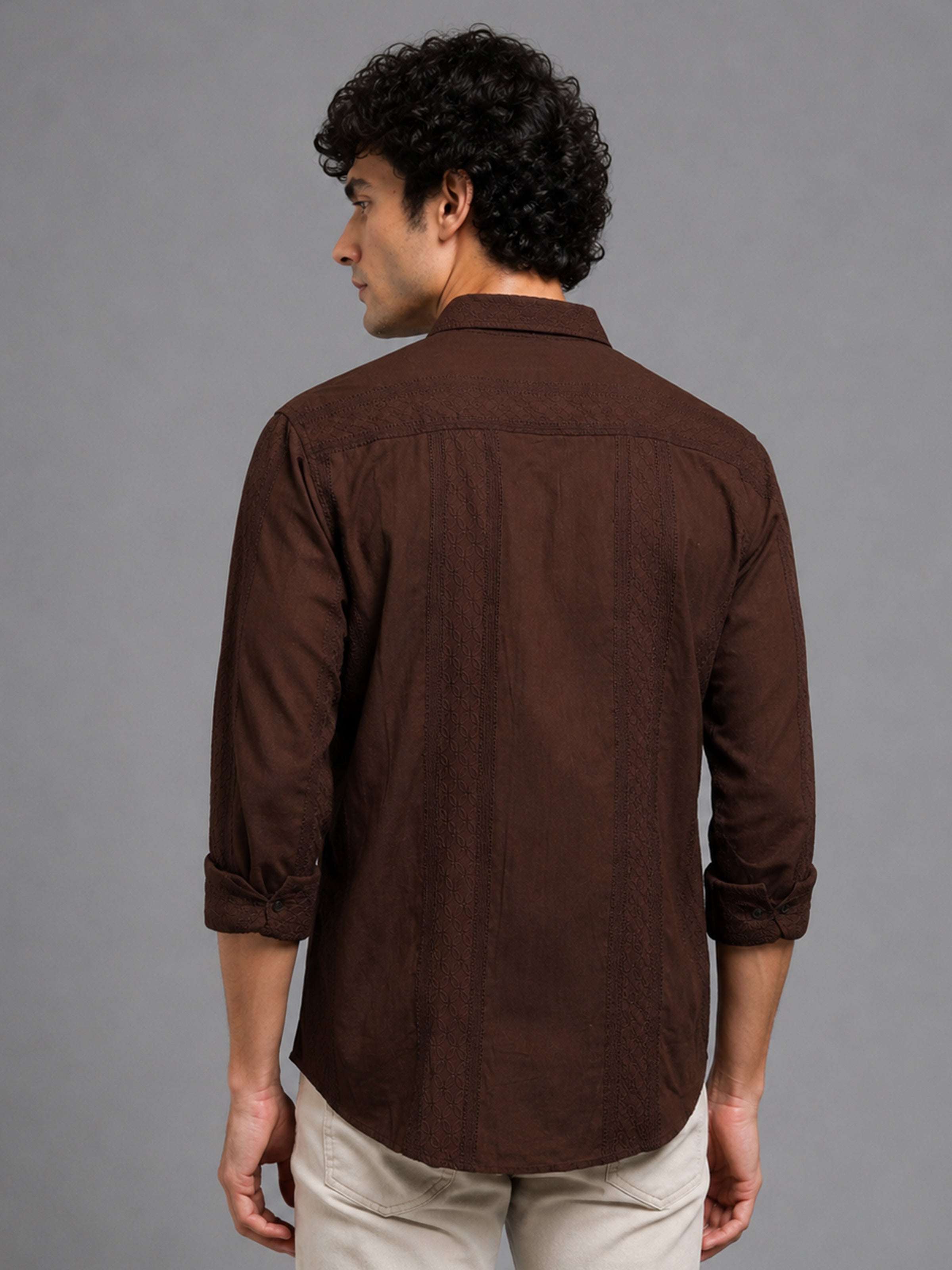 Men Brown Slim Fit Embroidered Full Sleeve Casual Shirt