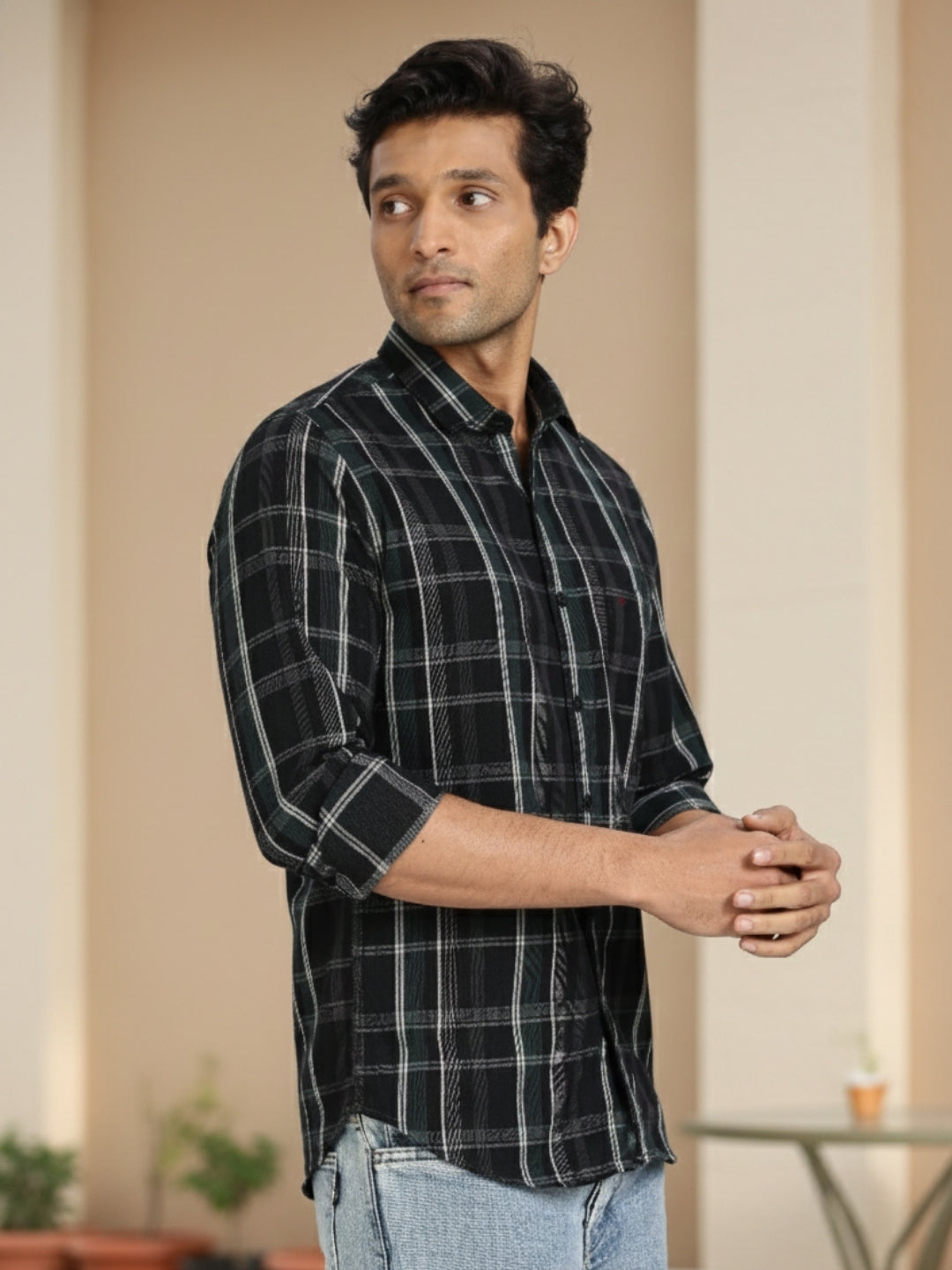 Men Green Checkered  Full Sleeve Slim Fit Casual Shirt