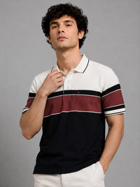 Men Brown Slim Fit Color-Block Striped Jacquard Short Sleeves Polo Collar Smart-Casual T-Shirt with Chest Pocket