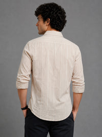 Men Beige Slim Fit Textured Striped Full Sleeve Casual Shirt