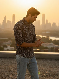 Men Blue Leaf Print Full Sleeve Slim Fit Casual Shirts