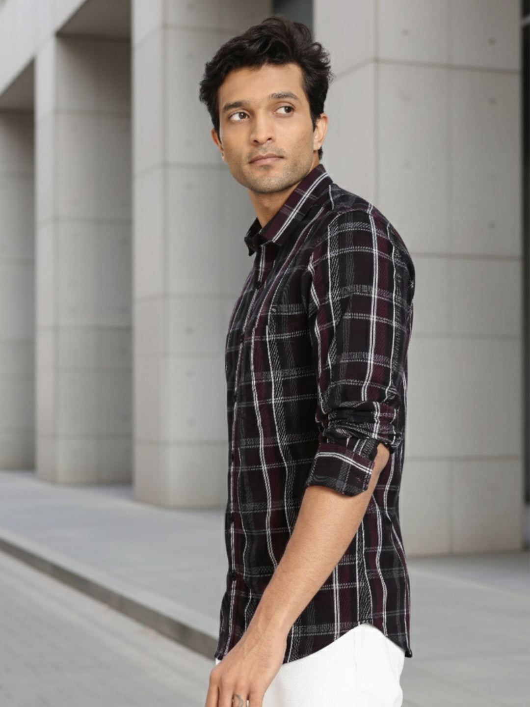 Men Brown Checkered Full Sleeve Slim Fit Casual Shirt