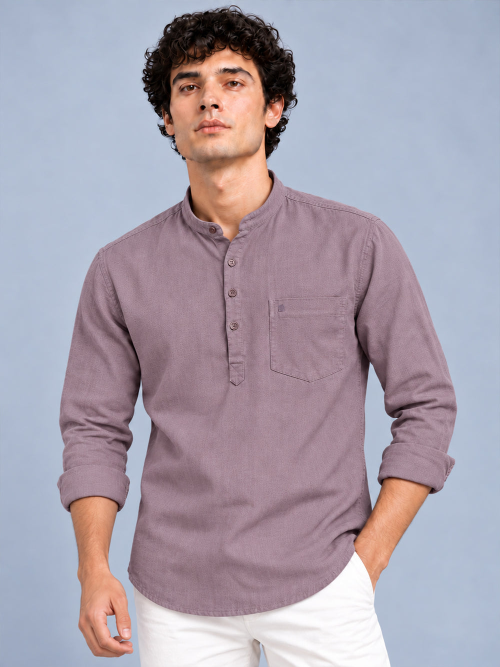 Men Dusty Pink Slim Fit Solid Linen Texture Casual Kurta Shirt