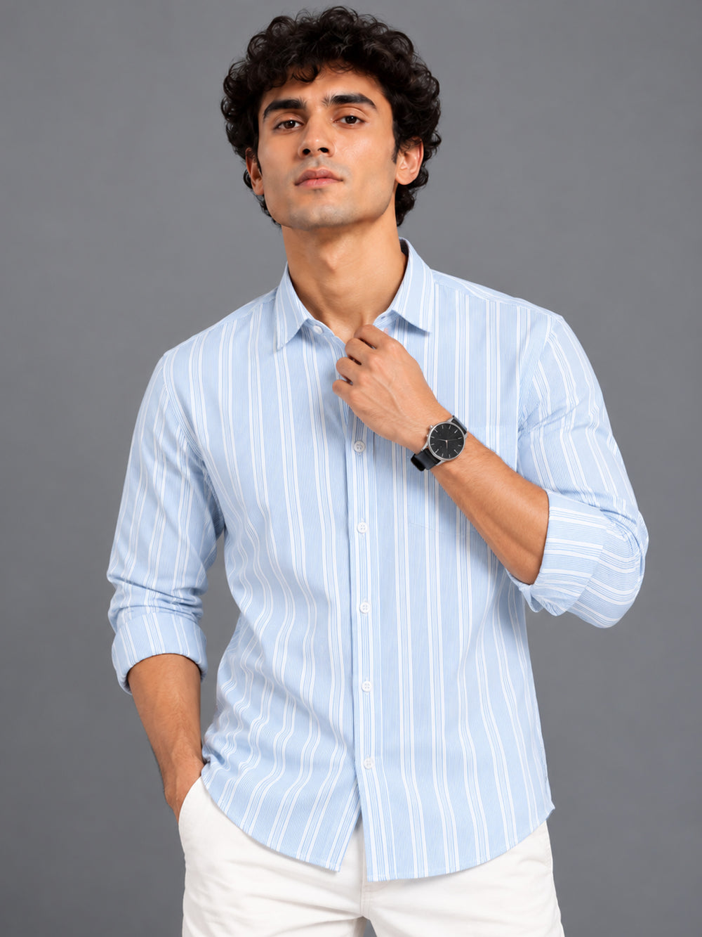 Men Blue Striped Cotton Lycra Slim Fit Casual Shirt