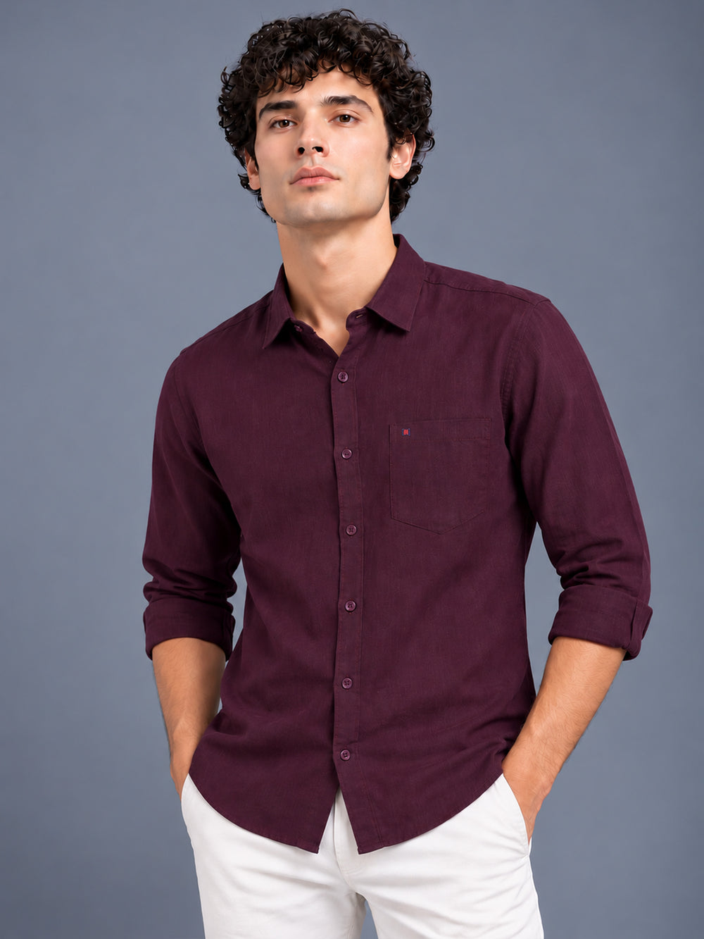 Men's Wine Linen Textured Slim Fit Solid Casual Shirt