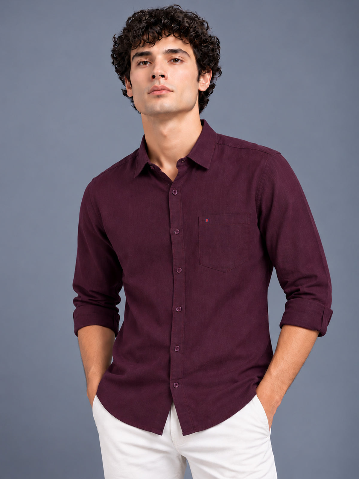 Men's Wine Linen Textured Slim Fit Solid Casual Shirt