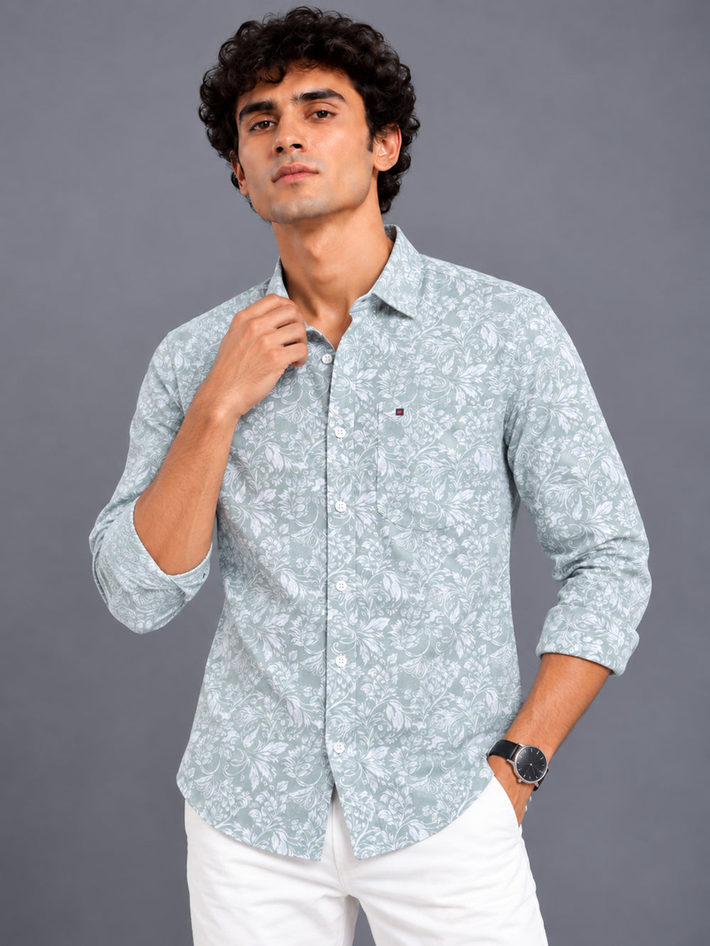 Men's Grey Slim Fit Floral Printed Casual Shirt