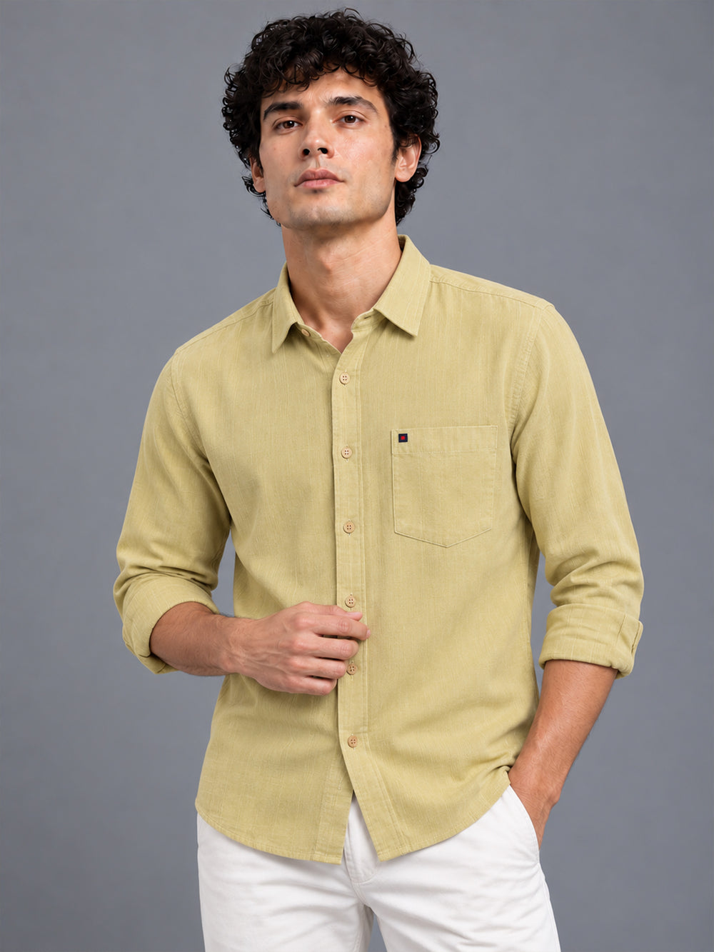 Men's Yellow Linen Textured Slim Fit Solid Casual Shirt