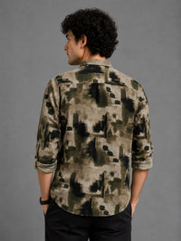 Men Green Slim Fit Corduroy Printed Full Sleeve Casual Shirt