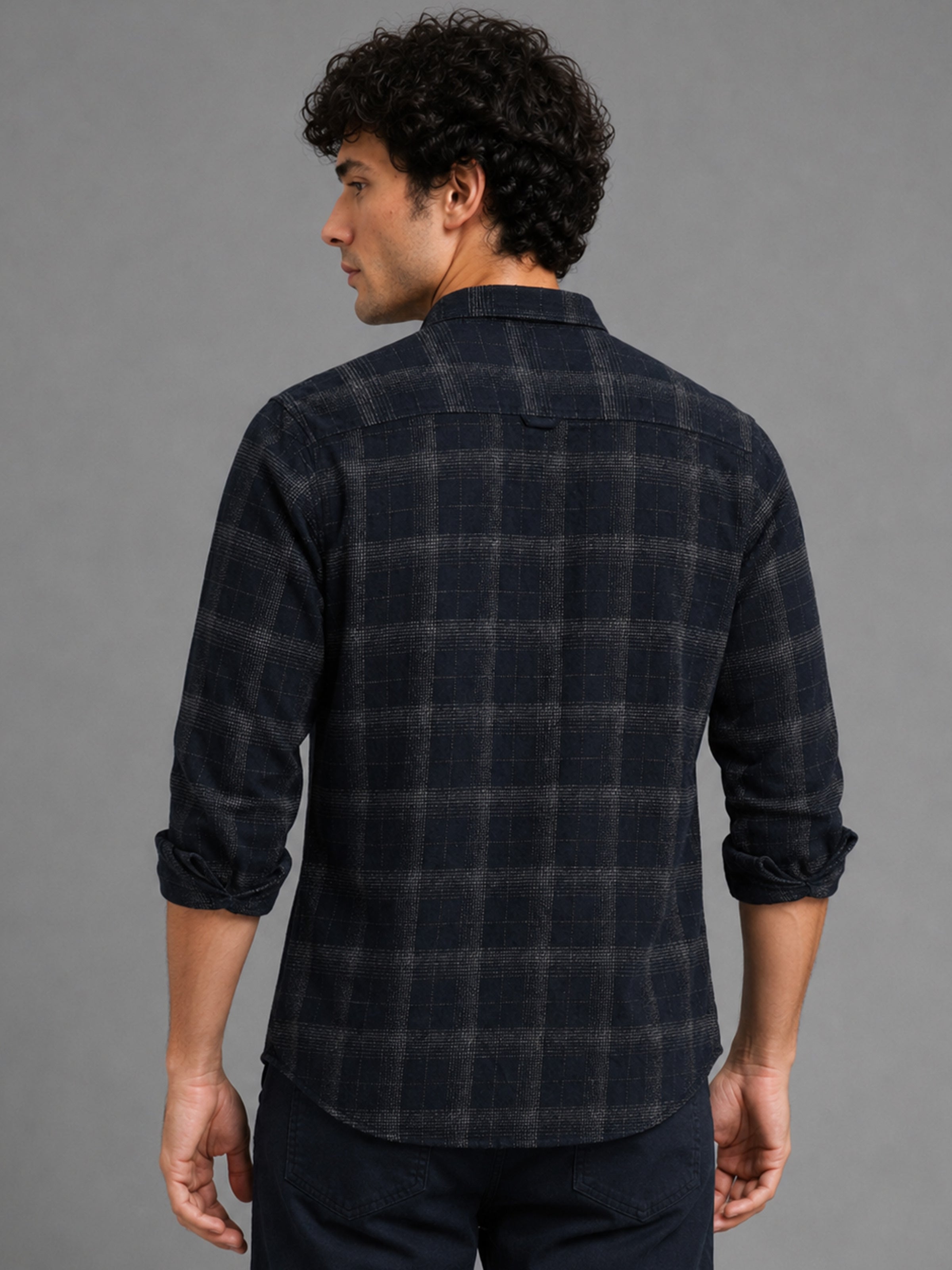 Men Navy Slim Fit Windowpane Check Full Sleeve Casual Shirt