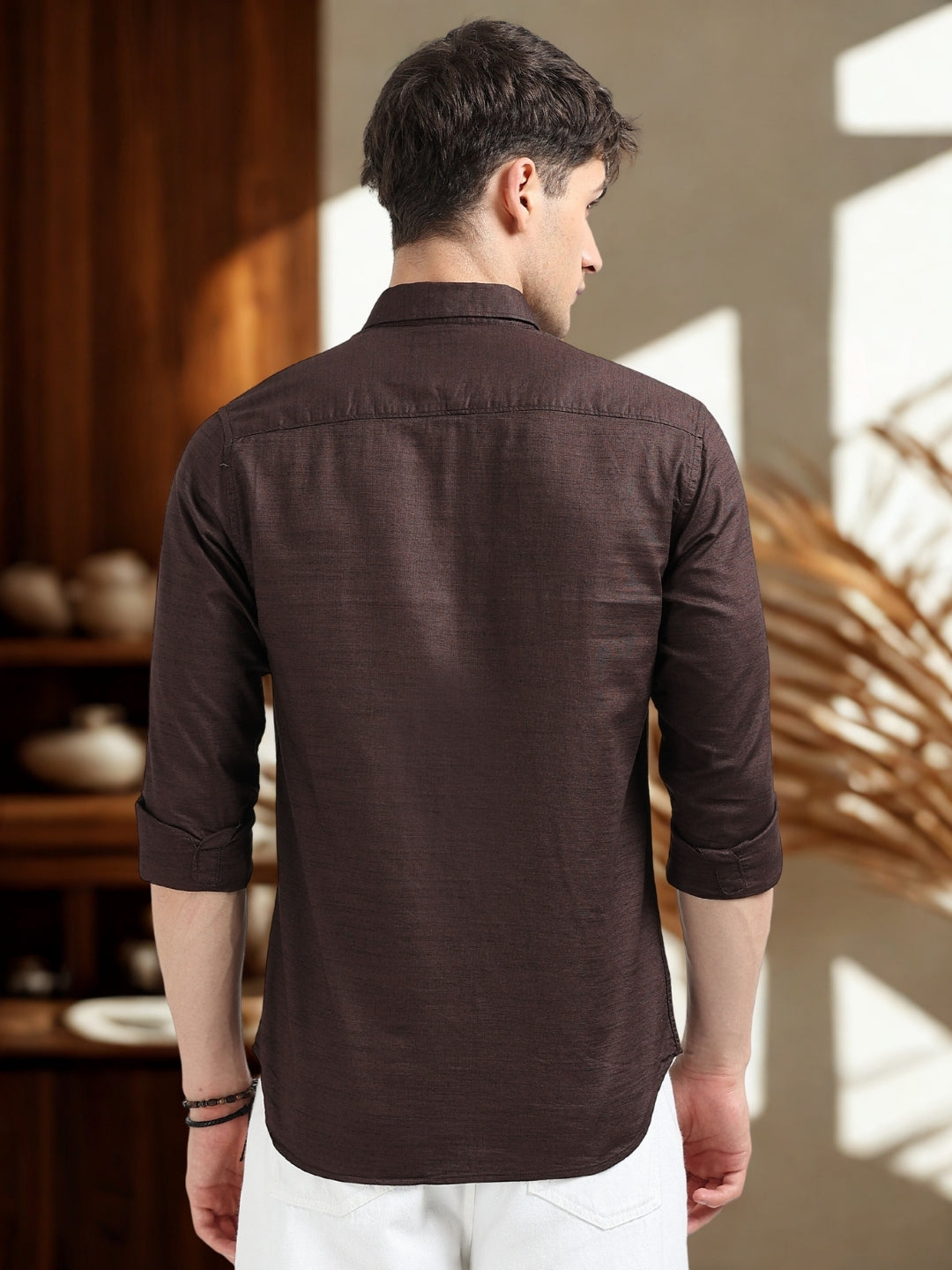 Dk Brown Solid Slim Fit Casual Shirts