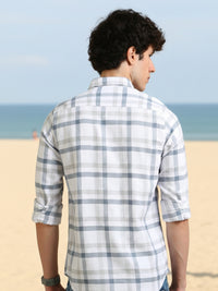 Men White Slim Fit Checks Full Sleeve Casual Shirt