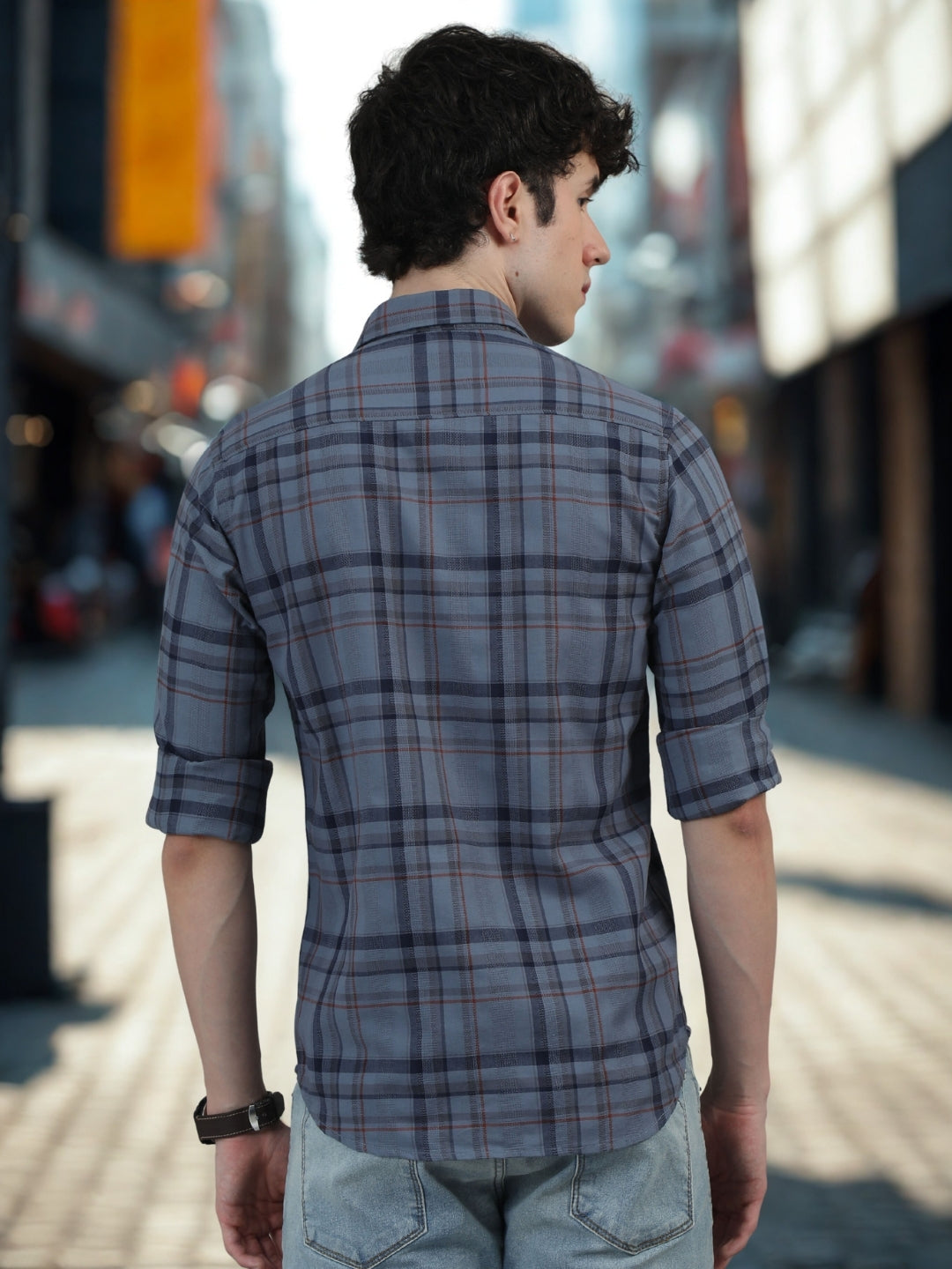 Men Navy Blue Slim Fit Checks Full Sleeve Casual Shirt