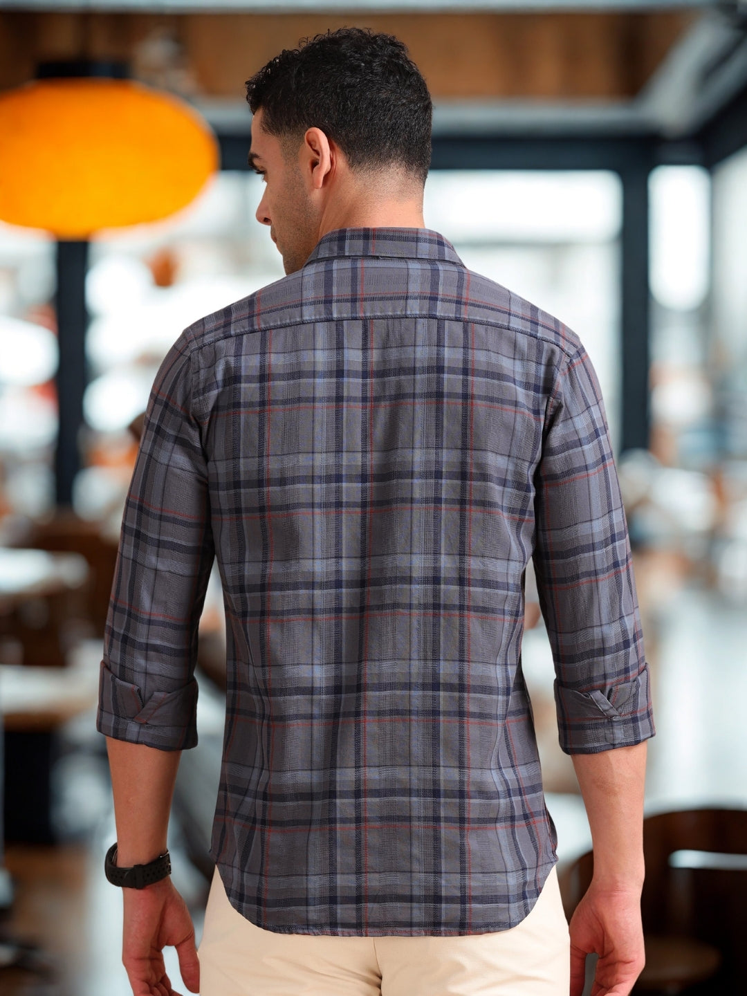 Men Dark Grey Slim Fit Checks Full Sleeve Casual Shirt