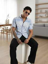 Blue Floral Printed Slim Fit Cotton Half Sleeve Casual Shirt