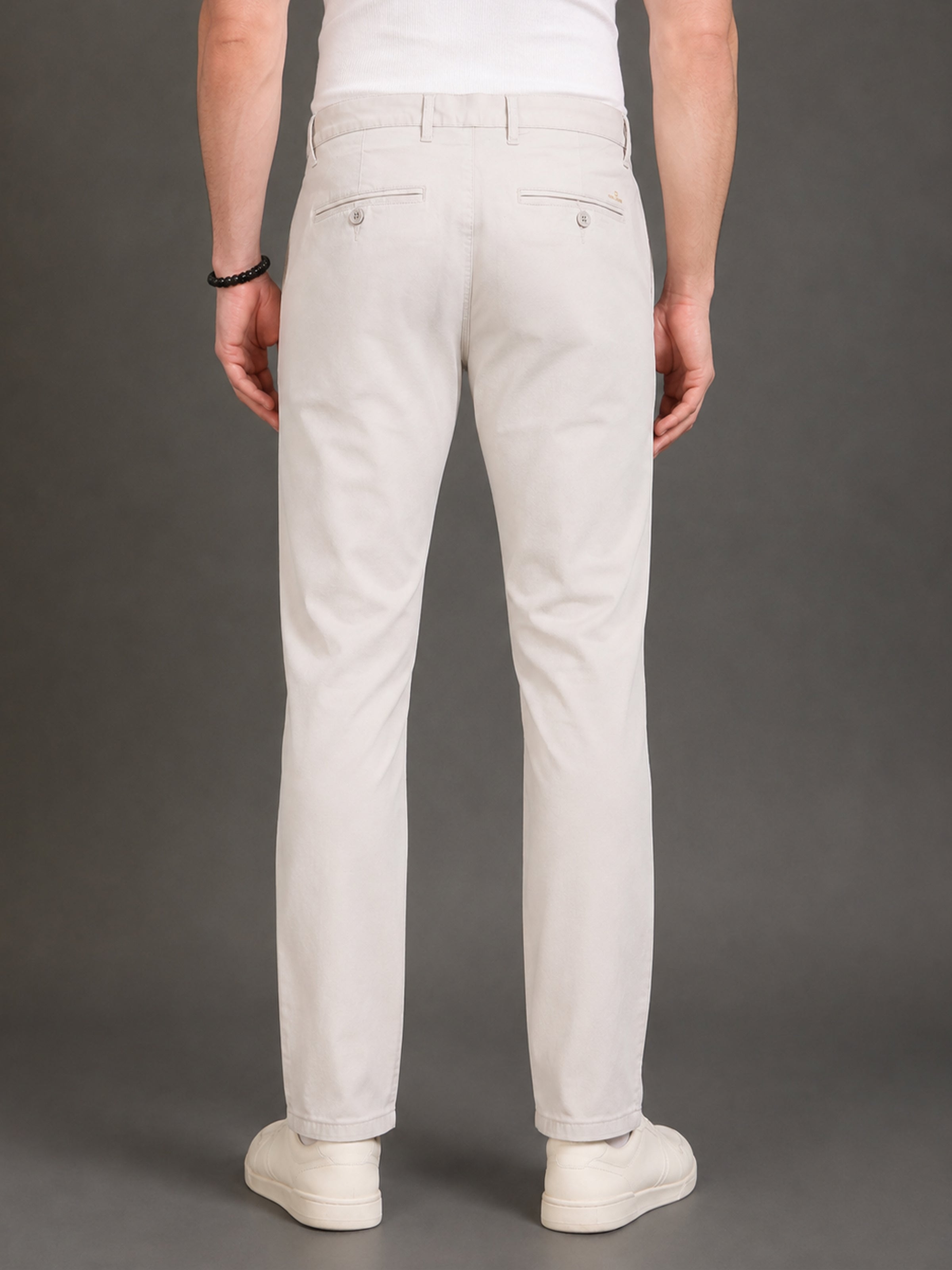 Men's Cream Solid Twill Stretch Trousers | Narrow Fit | Premium Twill | Smart-Casual & Office Wear
