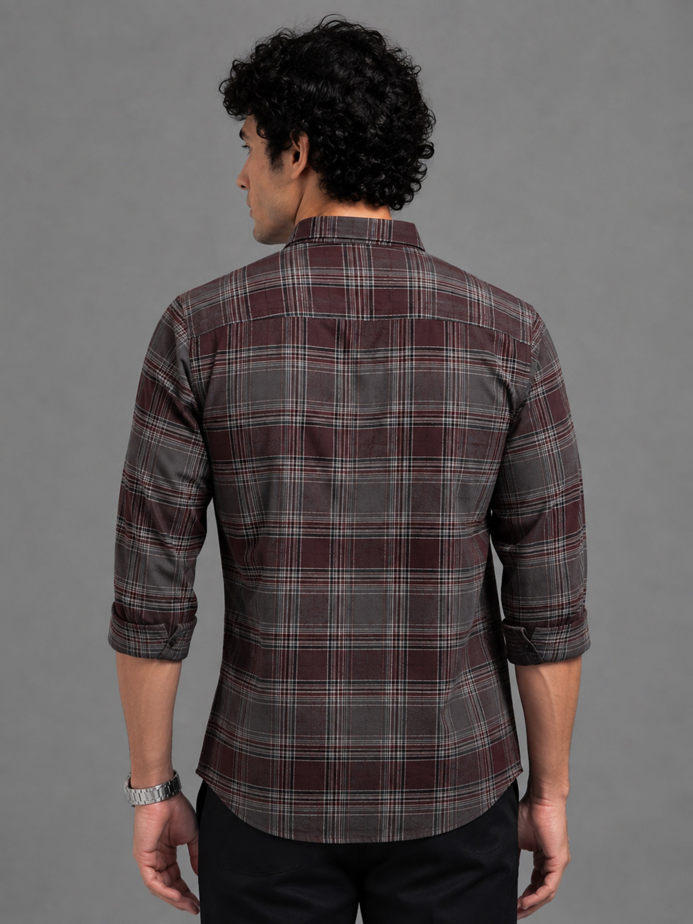 Men Maroon Slim Fit Plaid Check Full Sleeve Casual Shirt