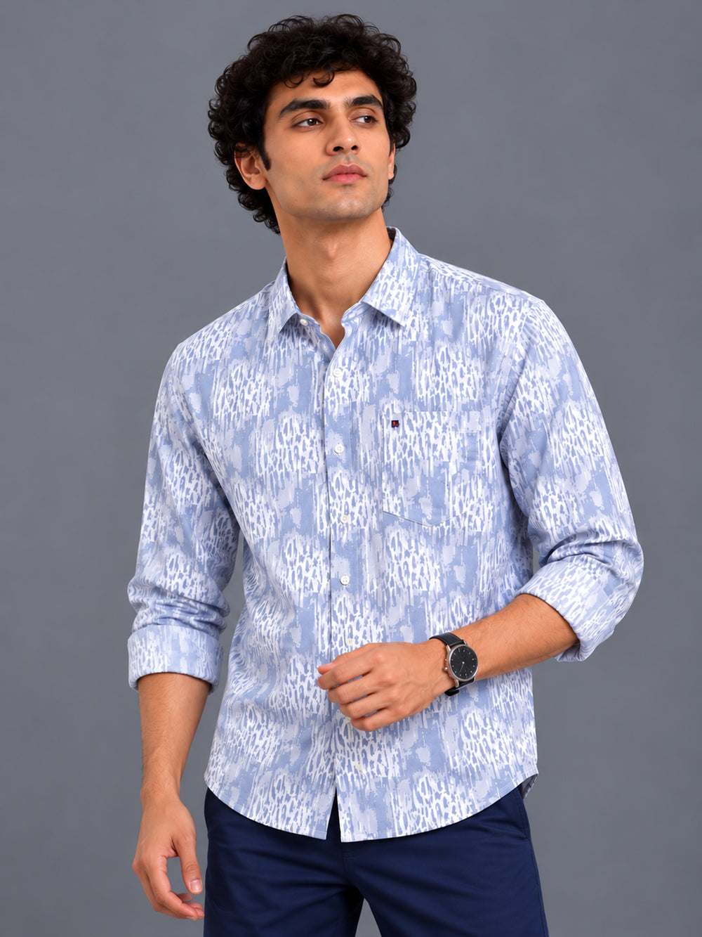 Men's White & Grey Slim Fit Abstract Printed Casual Shirt