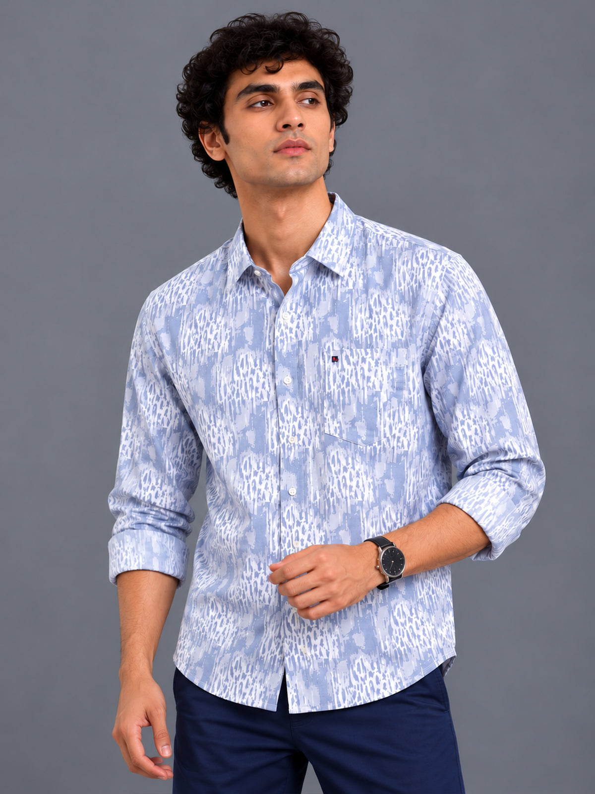 Men's White & Grey Slim Fit Abstract Printed Casual Shirt