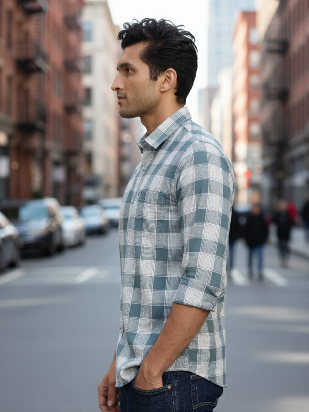 Men Green Chess Square Check Full Sleeve Slim Fit Casual Shirts