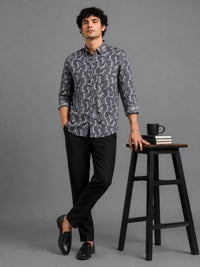 Men Grey Slim Fit Leaf Printed Full Sleeve Casual Shirt