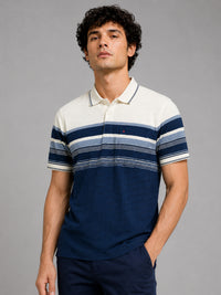 Men Blue Slim Fit Striped Polo Collar Casual T-Shirt with Chest Pocket