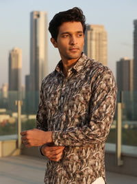 Men Brown Leaf Print Full Sleeve Slim Fit Casual Shirts