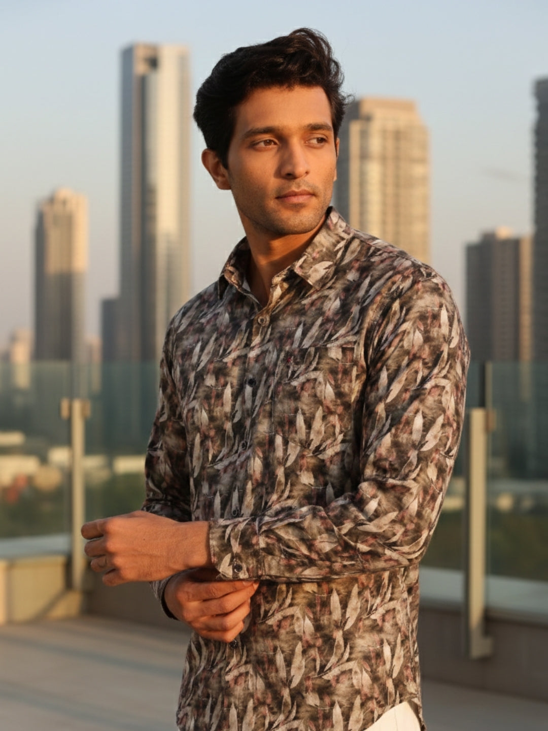 Men Brown Leaf Print Full Sleeve Slim Fit Casual Shirts