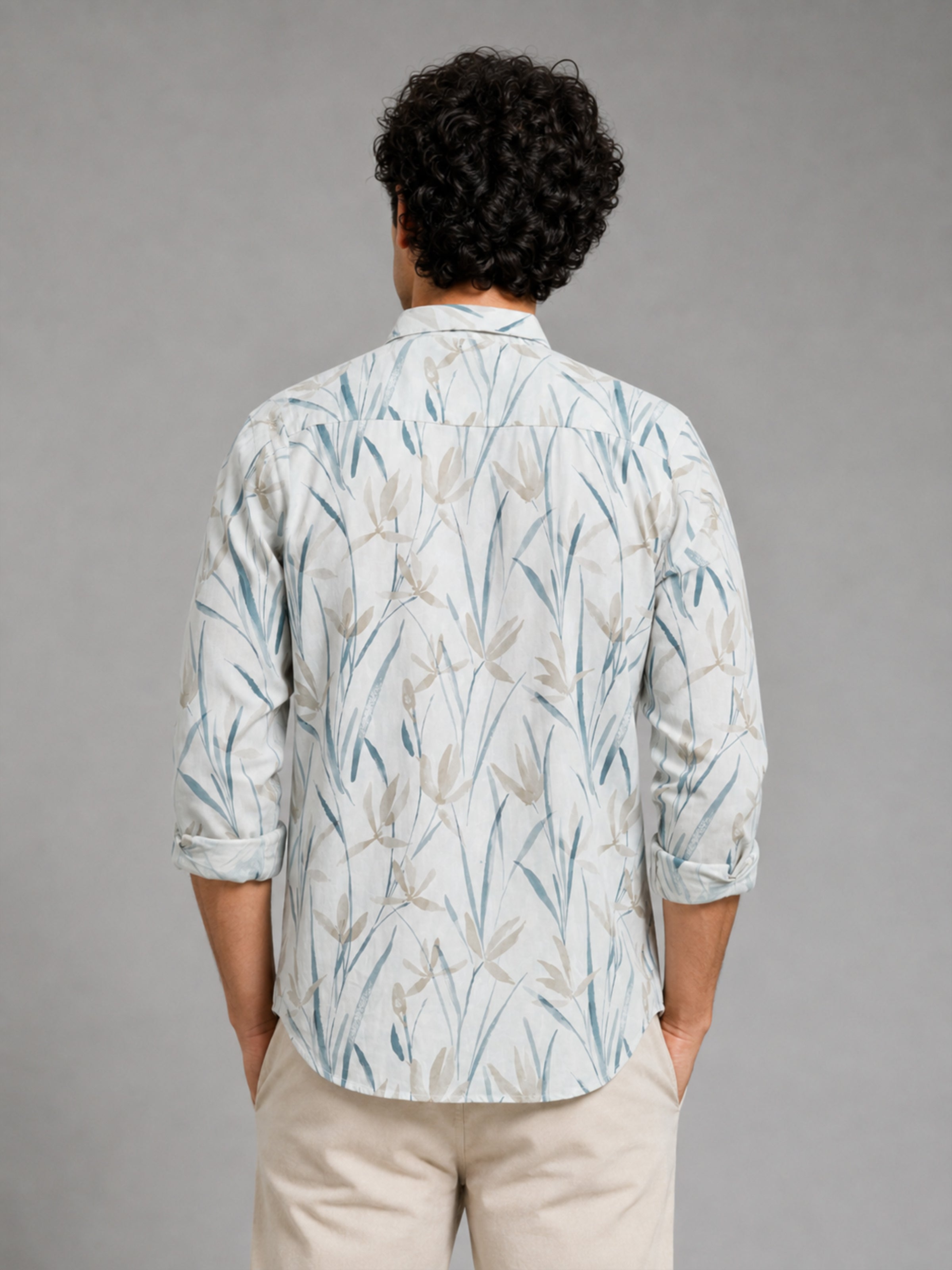 Men Cream Slim Fit Floral Print Full Sleeve Casual Shirt