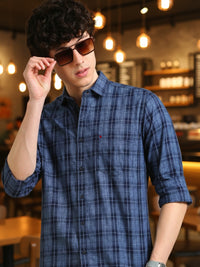 Men Blue Regular Fit Checks Full Sleeve Casual Shirt