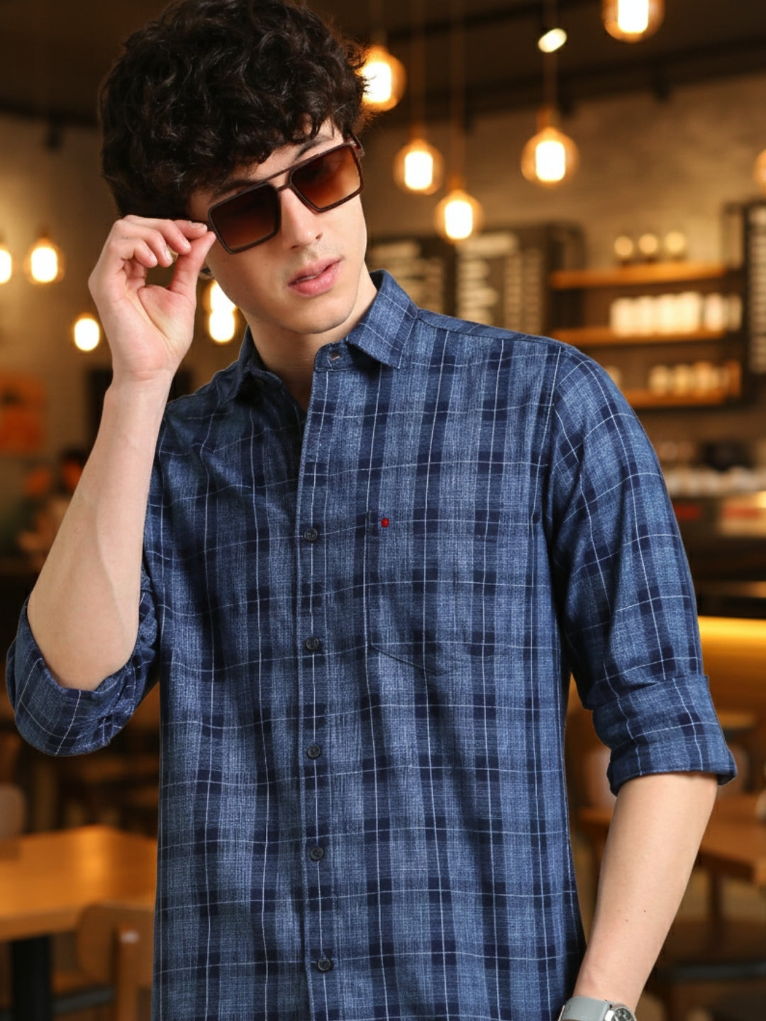 Men Blue Regular Fit Checks Full Sleeve Casual Shirt