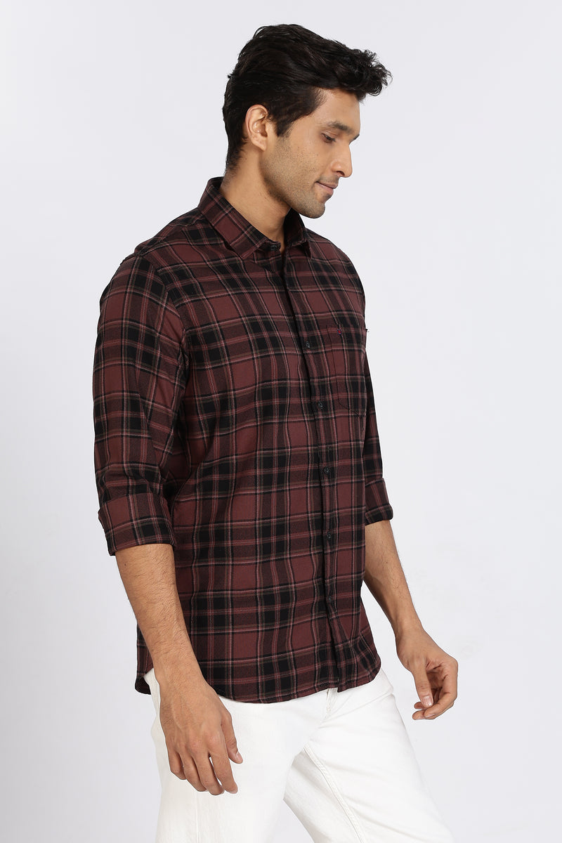 Men Brown Vintage Checks Full Sleeve Slim Fit Casual Shirts