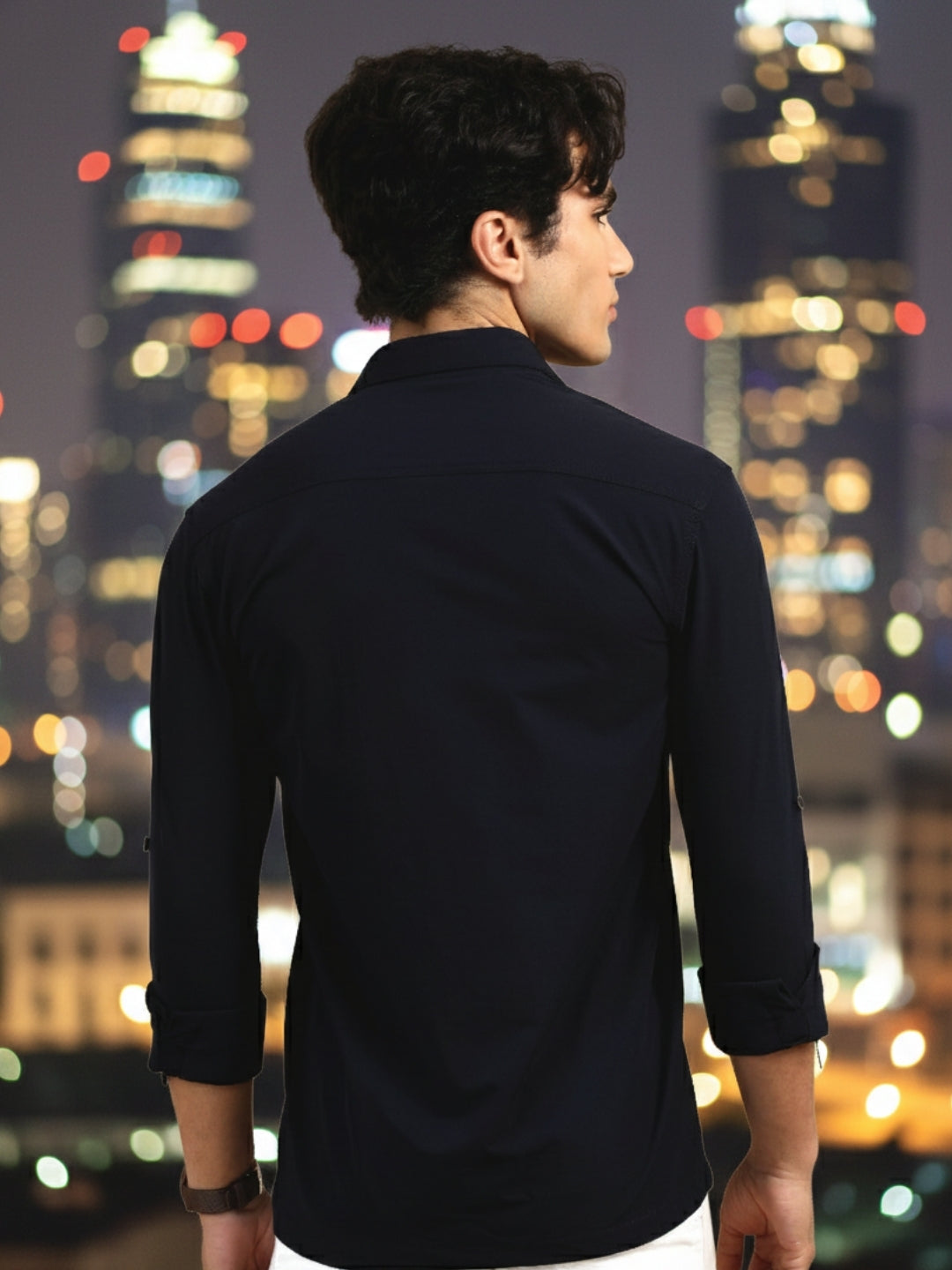 Men Navy Slim Fit Solid Full Sleeve Lycra Casual Shirt
