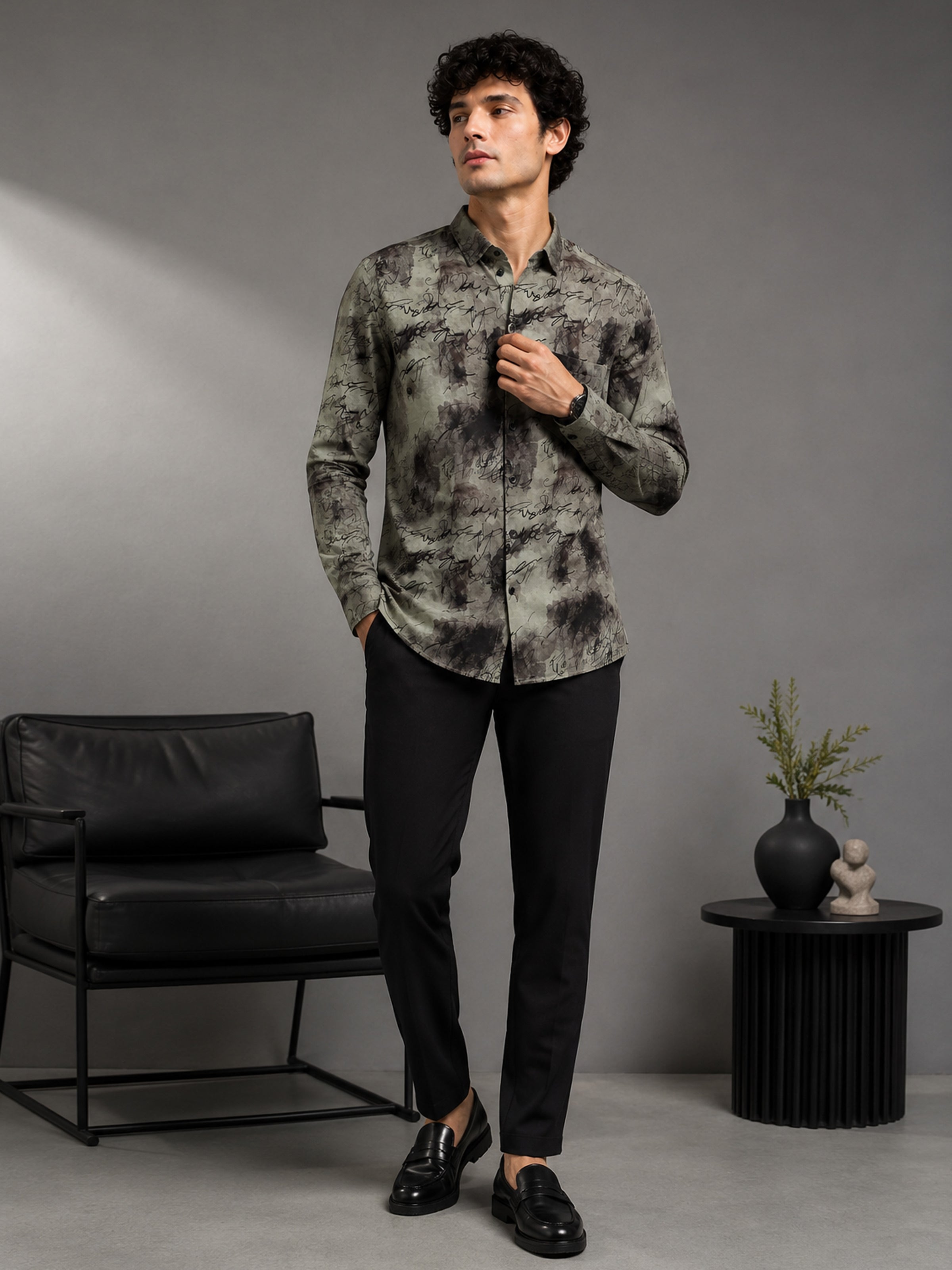 Men Beige Slim Fit Printed Full Sleeve Casual Shirt