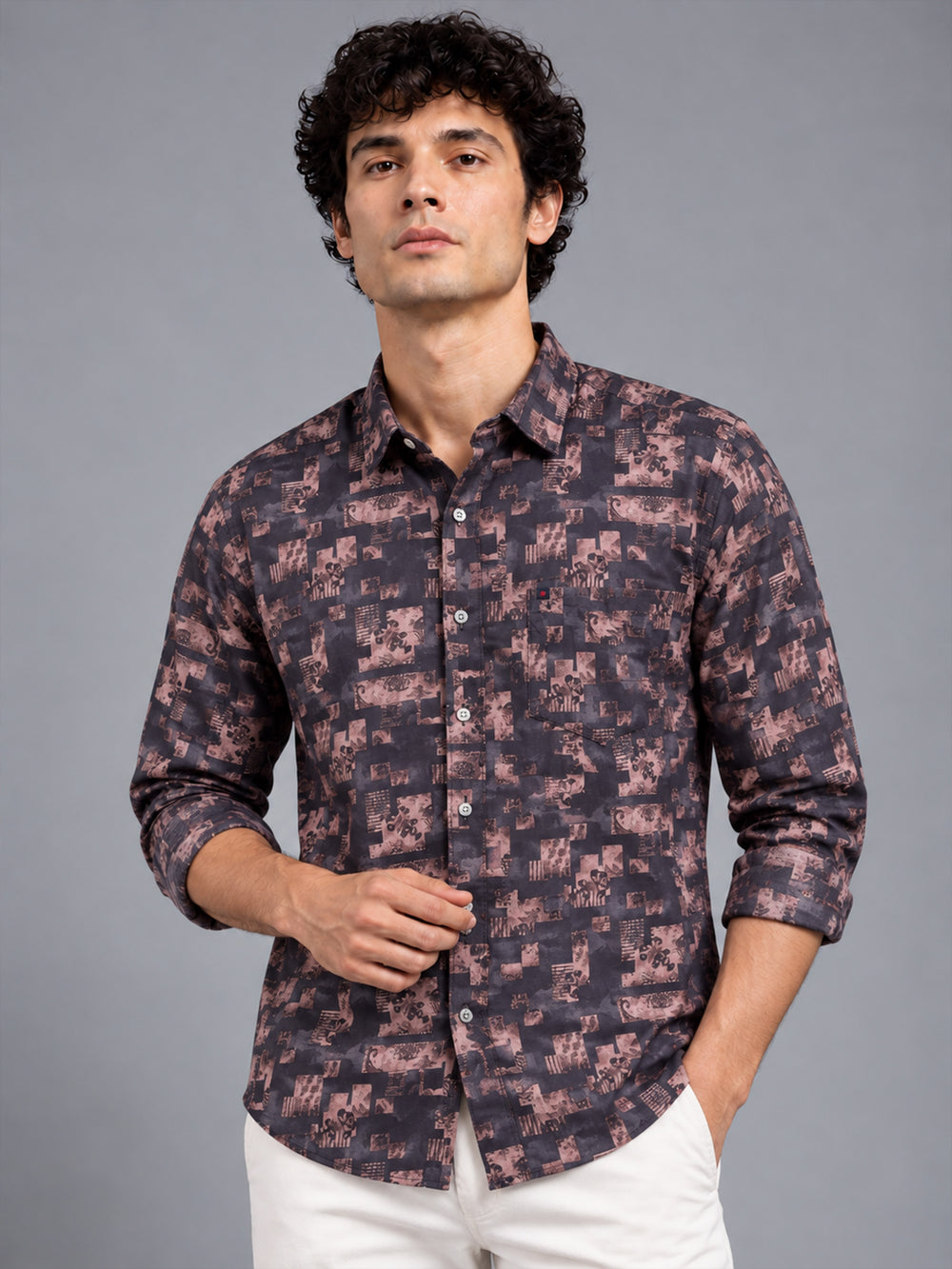 Men Dark Brown Slim Fit Elegant printed Casual Shirt