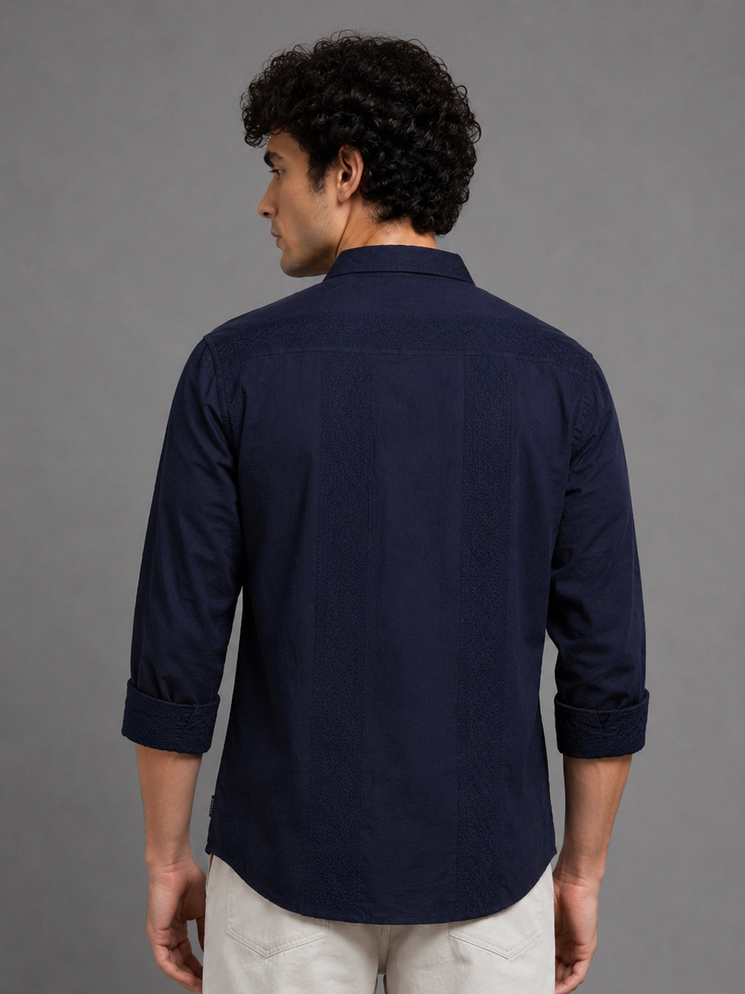Men Navy Slim Fit Embroidered Full Sleeve Casual Shirt