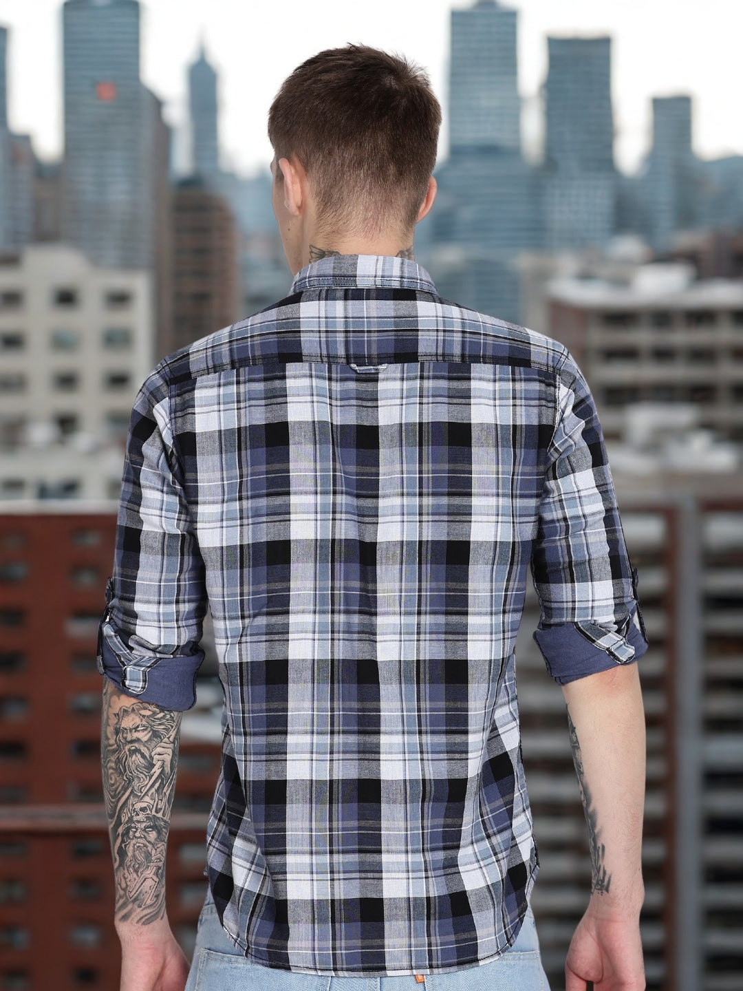 Navy Madras Checked Double Pocket Shirt