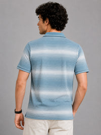 Men Light Blue Slim Fit Striped Short Sleeves Polo Collar Casual T-Shirt with Chest Pocket