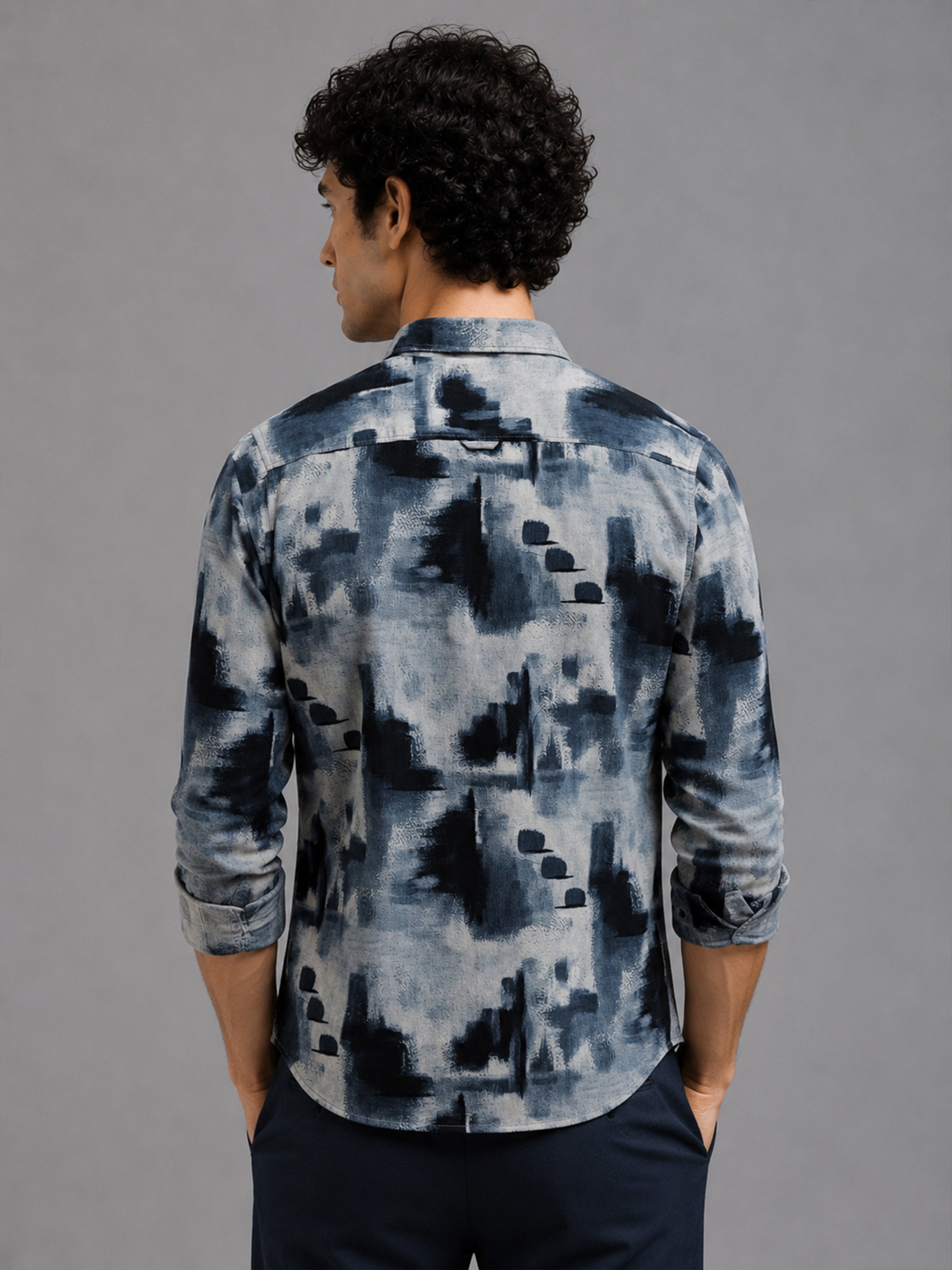 Men Navy Slim Fit Corduroy Printed Full Sleeve Casual Shirt