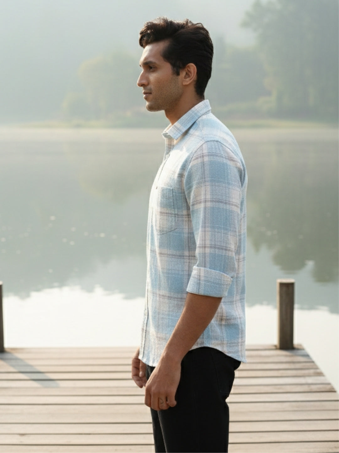 Men Sky Blue Checked Full Sleeve Slim Fit Casual Shirt