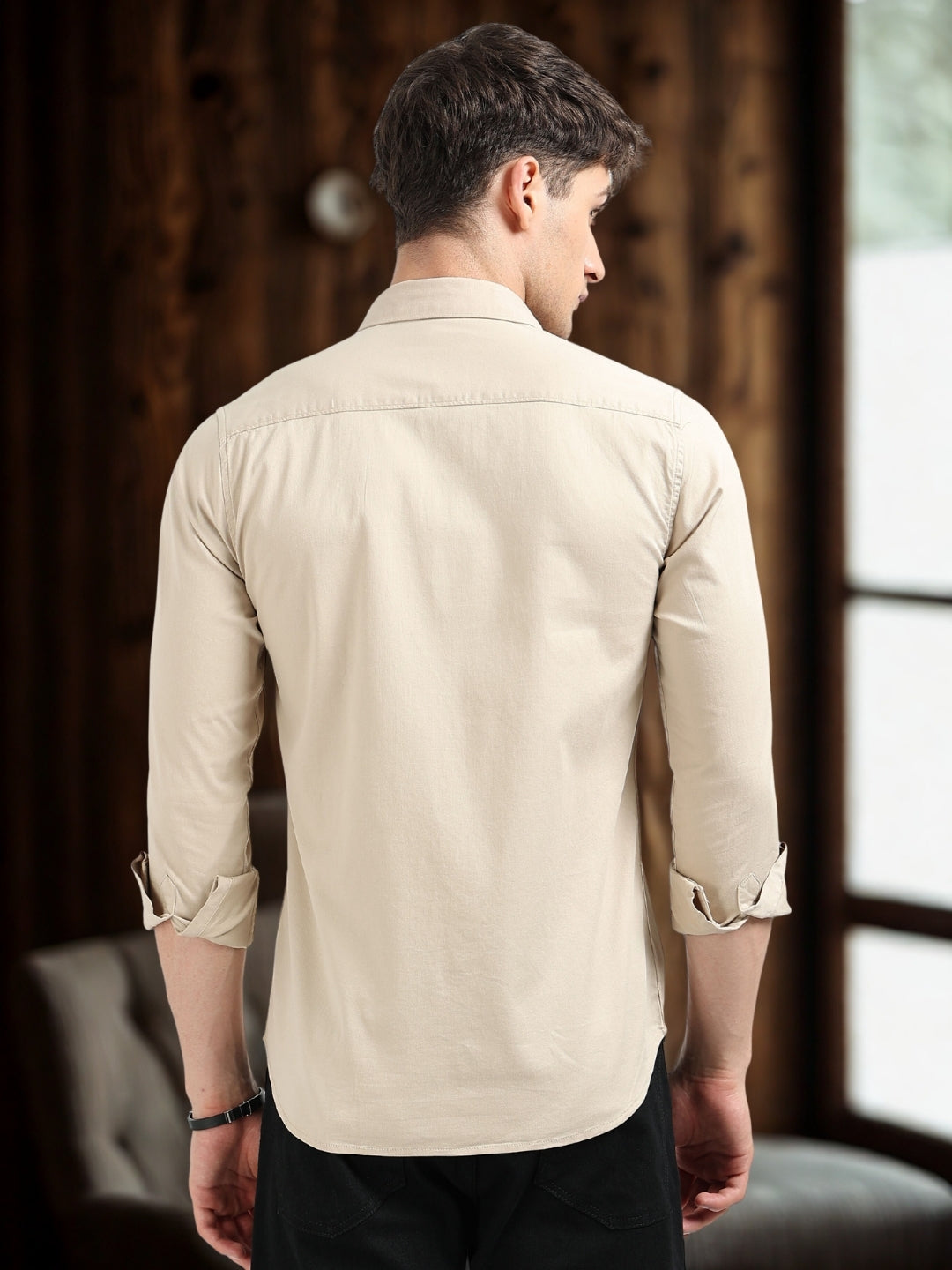 Beige Solid Slim Fit Casual Shirts