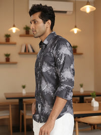 Men Dark Grey Printed Full Sleeve Slim Fit Casual Shirts