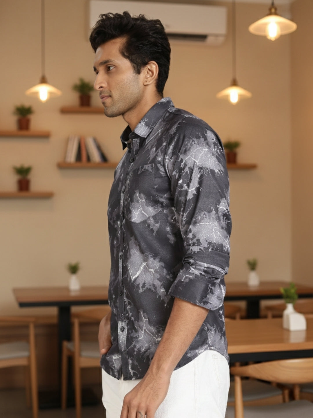 Men Dark Grey Printed Full Sleeve Slim Fit Casual Shirts